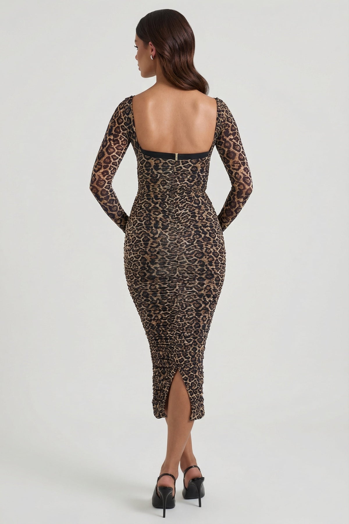 Chic Layered Bra-Detail Ruched Midaxi Dress in Leopard Print