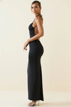 Chic Ruched Backless Maxi Dress in Black
