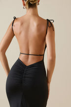 Chic Ruched Backless Maxi Dress in Black