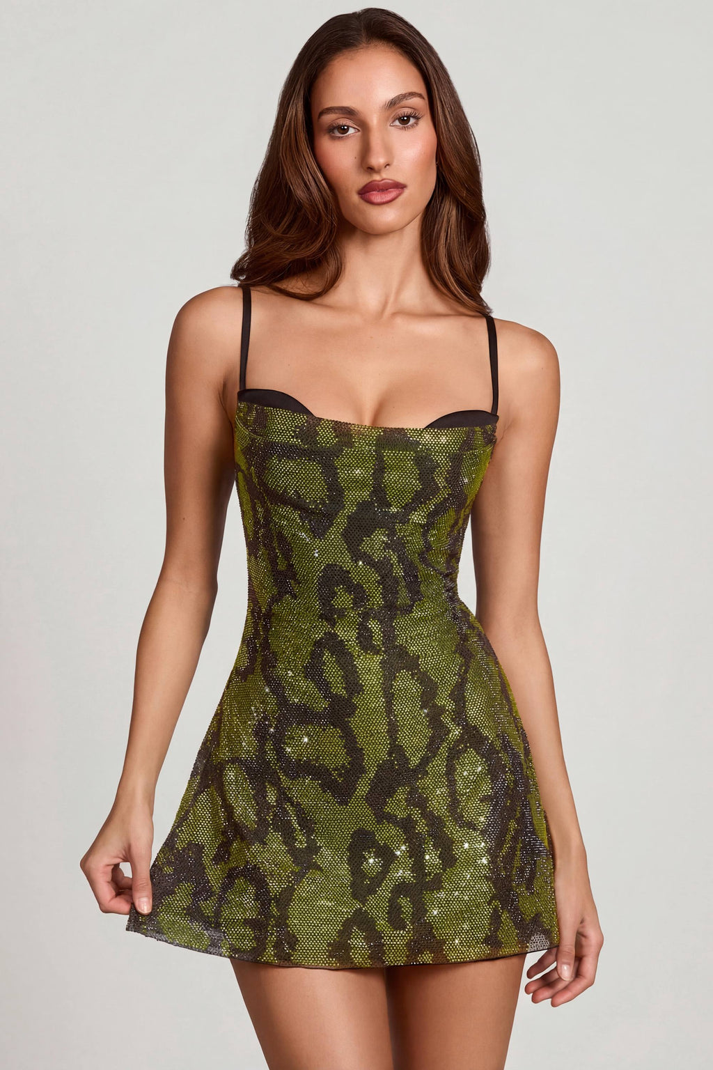 Chic Embellished Cowl Neck A-line Mini Dress in Green Snake