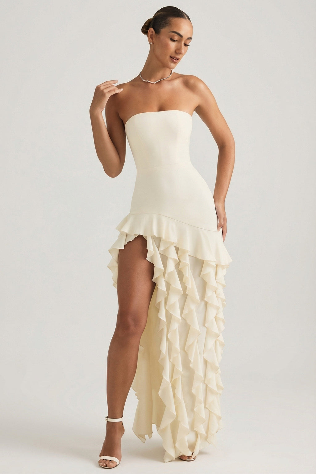 Chic Ruffle-Trim Strapless Gown in Pearl