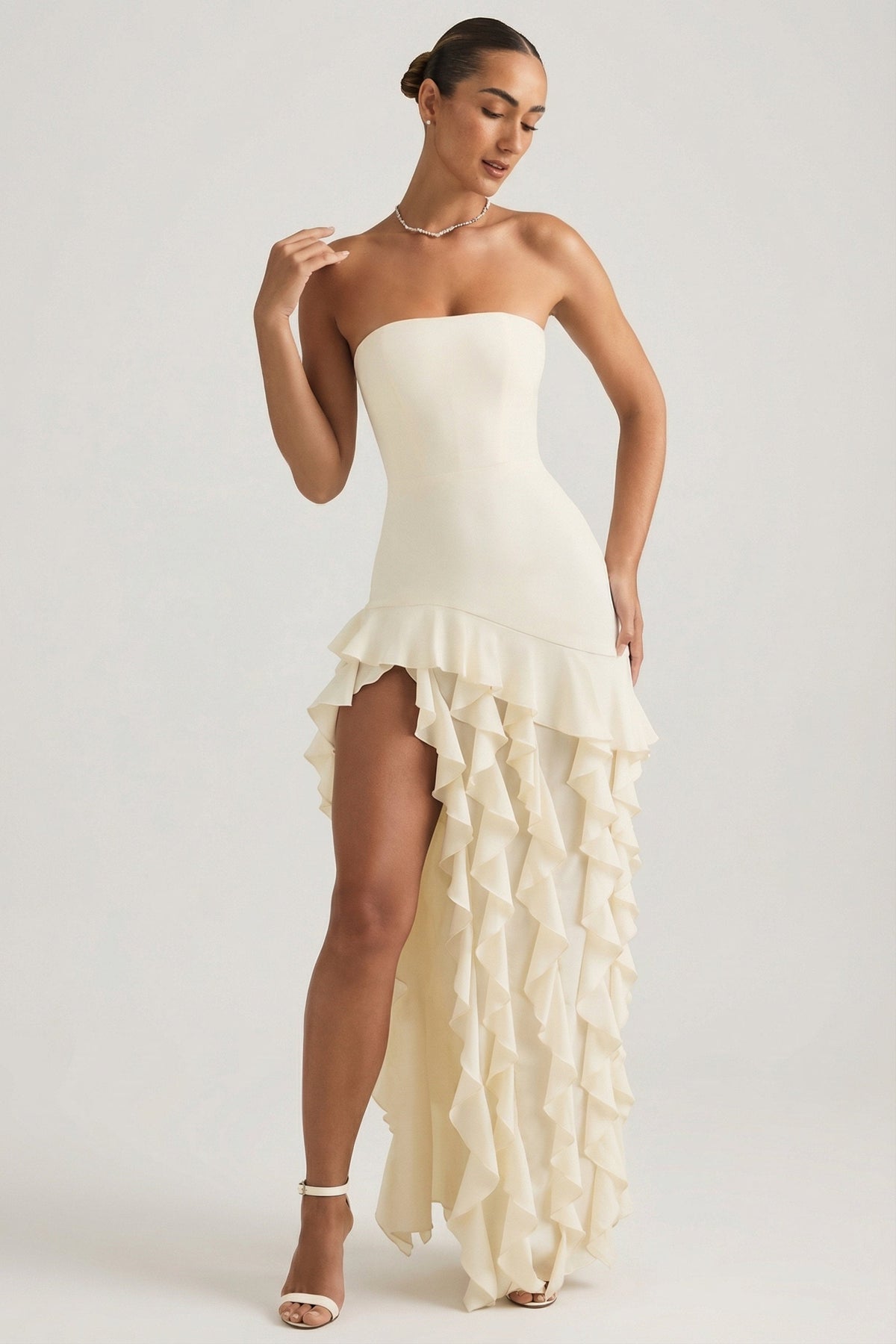 Chic Ruffle-Trim Strapless Gown in Pearl