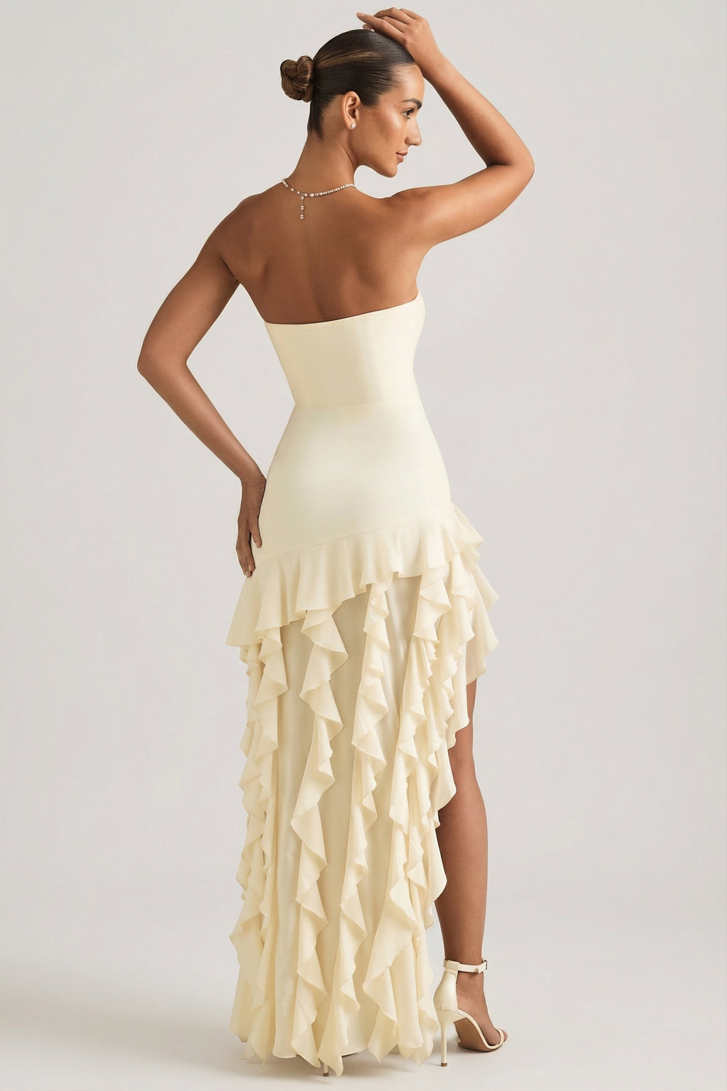 Chic Ruffle-Trim Strapless Gown in Pearl