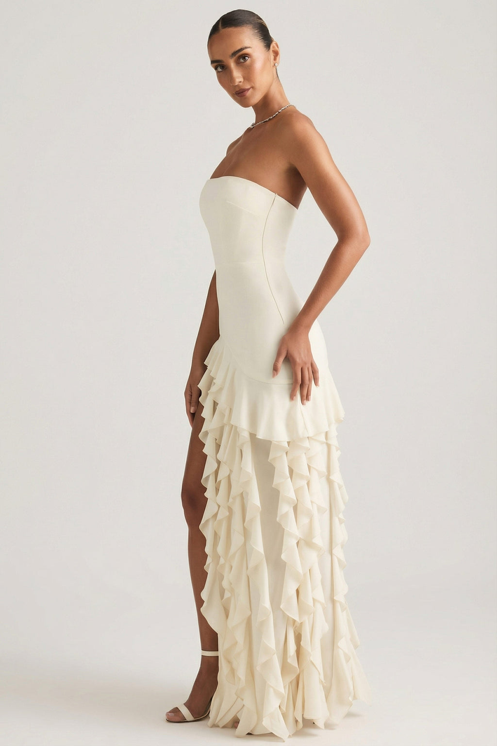 Chic Ruffle-Trim Strapless Gown in Pearl