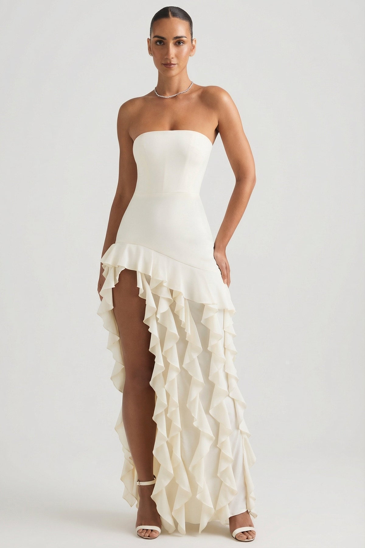 Chic Ruffle-Trim Strapless Gown in Pearl