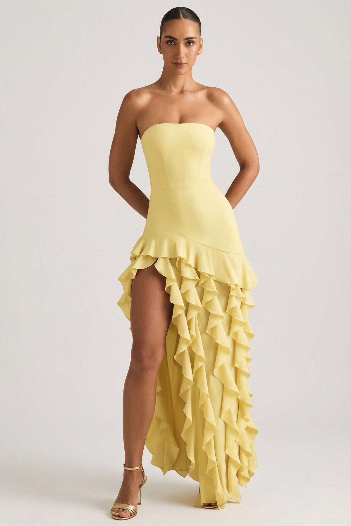 Chic Ruffle-Trim Strapless Gown in Daffodil