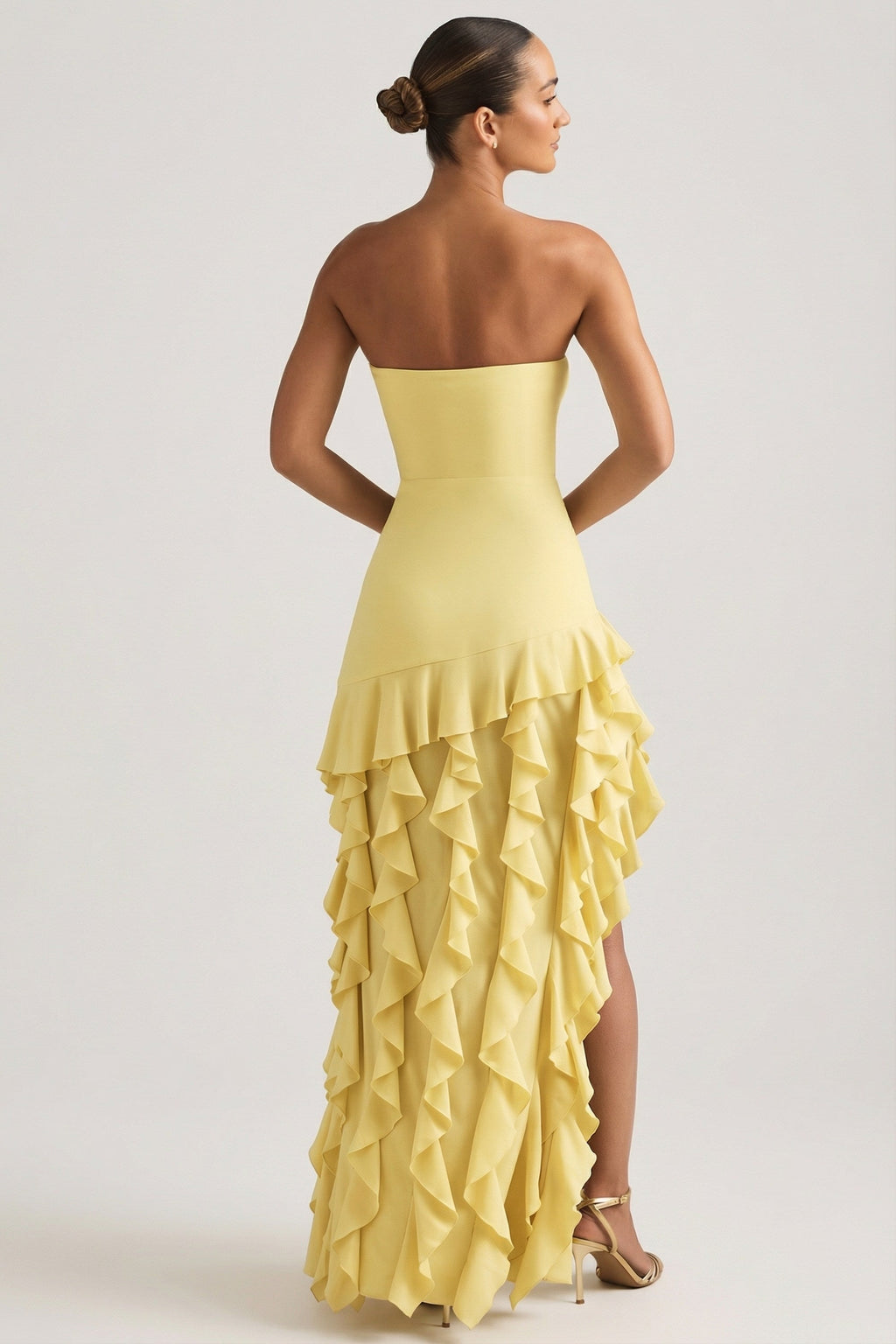 Chic Ruffle-Trim Strapless Gown in Daffodil