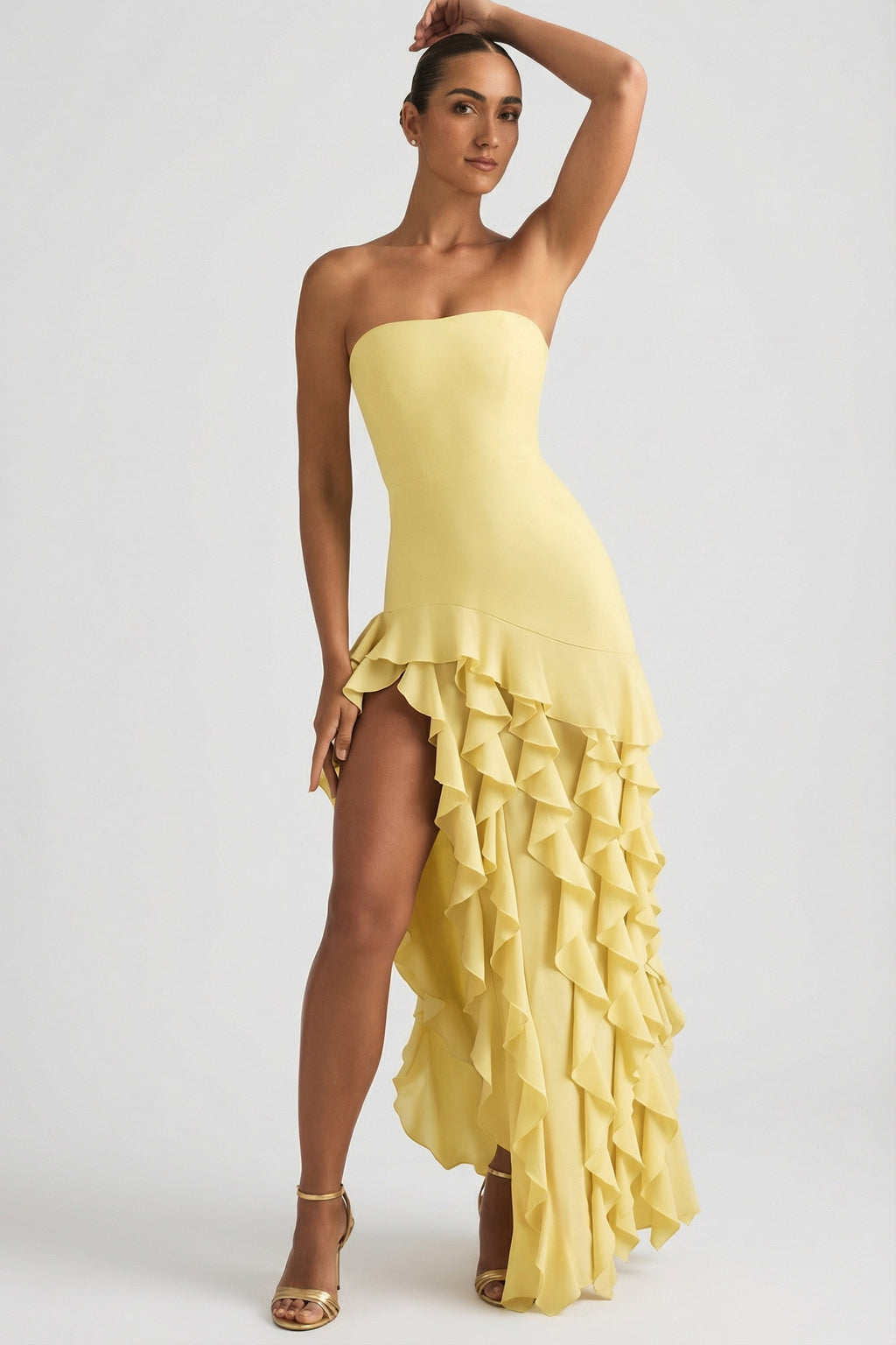 Chic Ruffle-Trim Strapless Gown in Daffodil