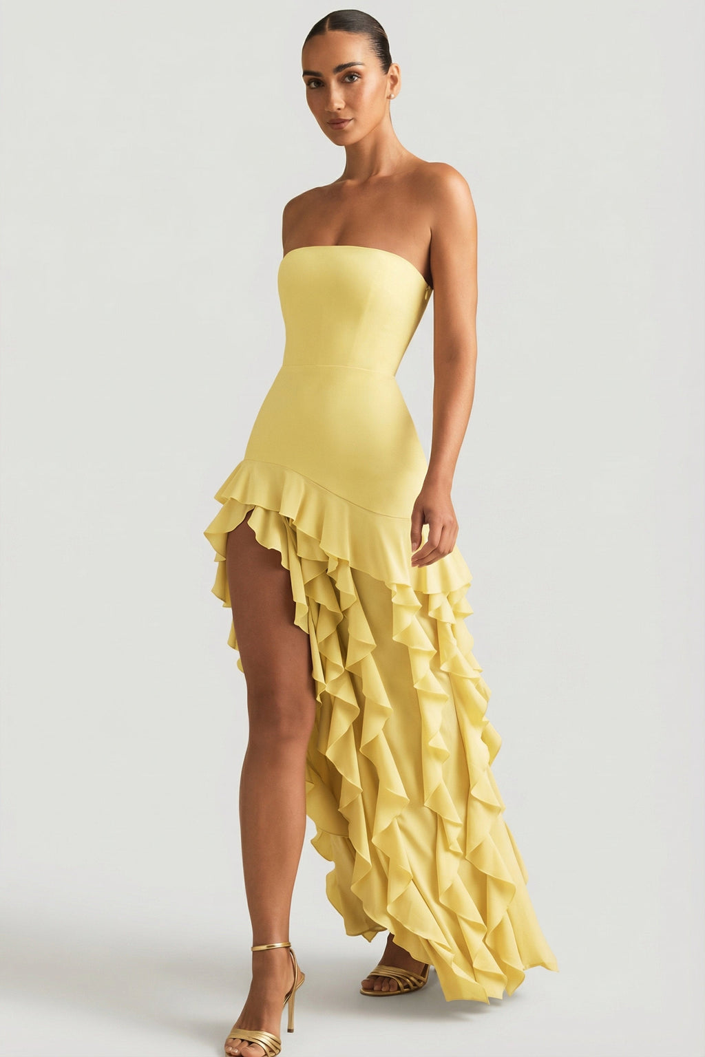 Chic Ruffle-Trim Strapless Gown in Daffodil