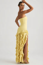 Chic Ruffle-Trim Strapless Gown in Daffodil