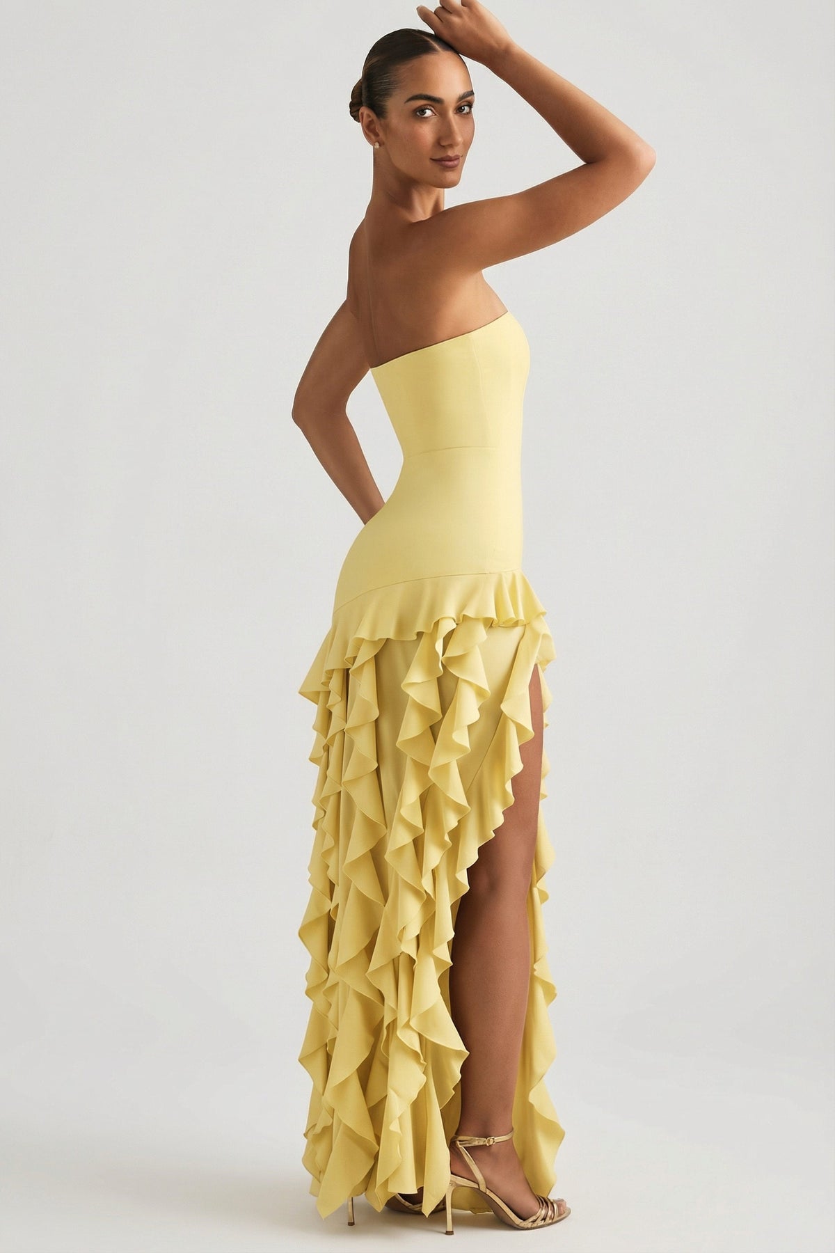 Chic Ruffle-Trim Strapless Gown in Daffodil