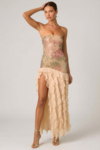 Chic Embellished Ruffle-Trim Strapless Gown in Rose Hotfix
