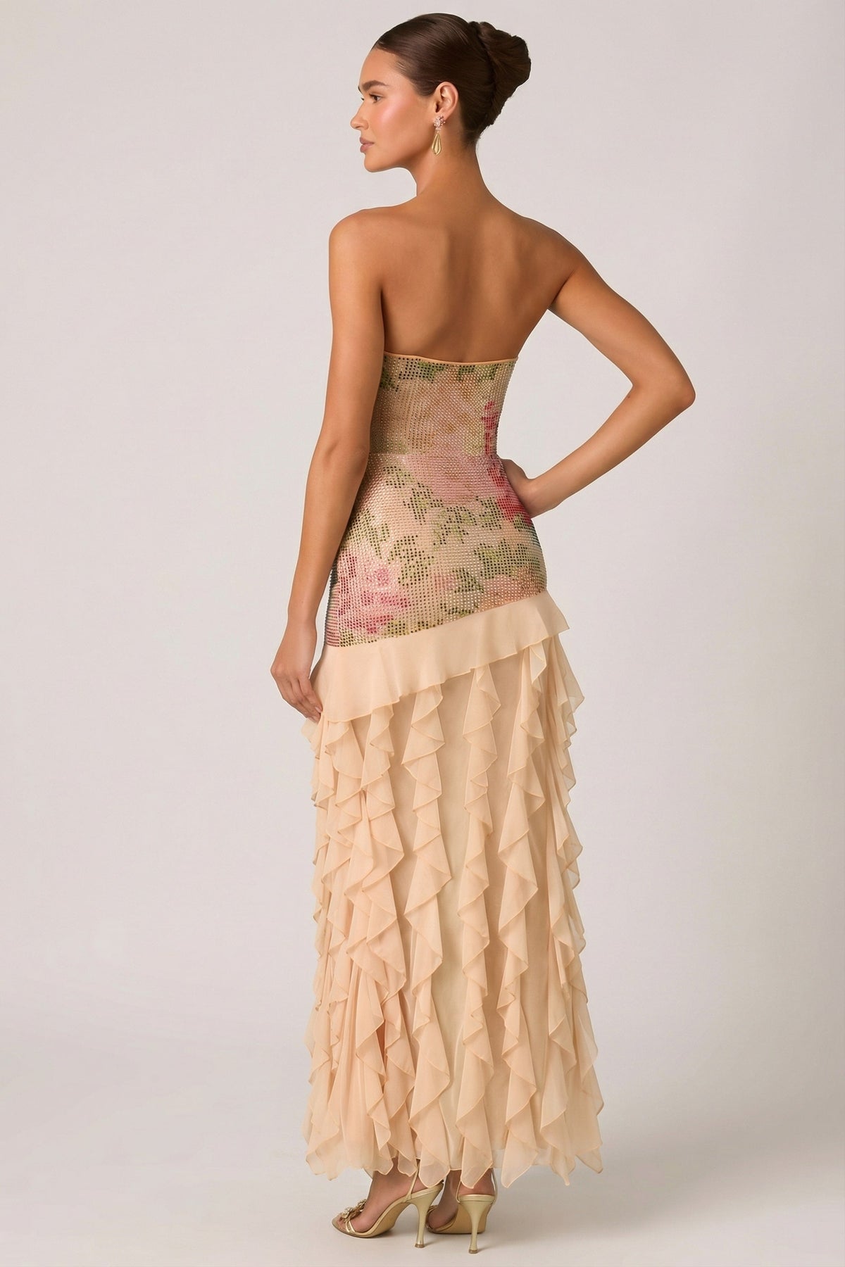 Chic Embellished Ruffle-Trim Strapless Gown in Rose Hotfix