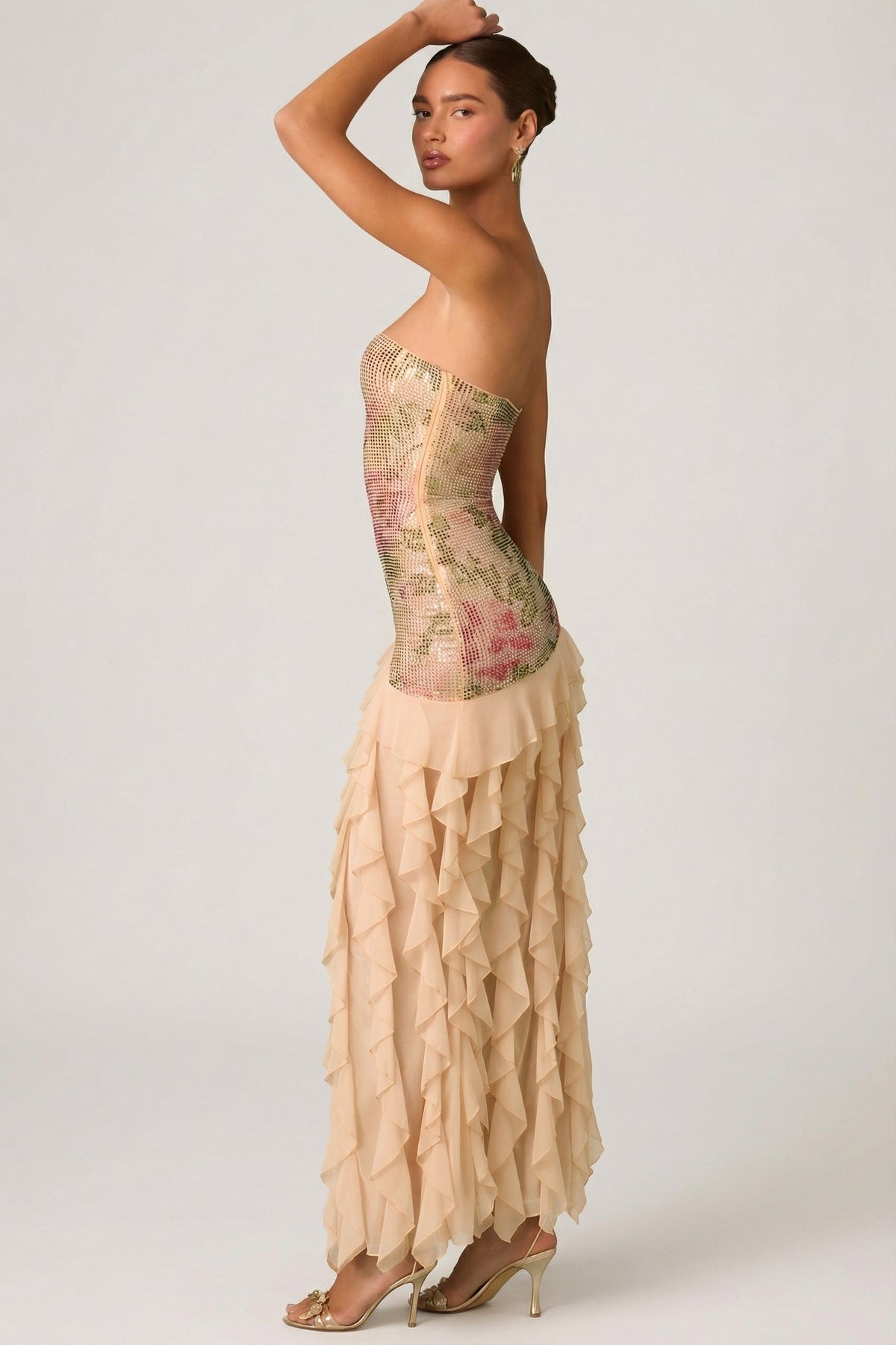 Chic Embellished Ruffle-Trim Strapless Gown in Rose Hotfix