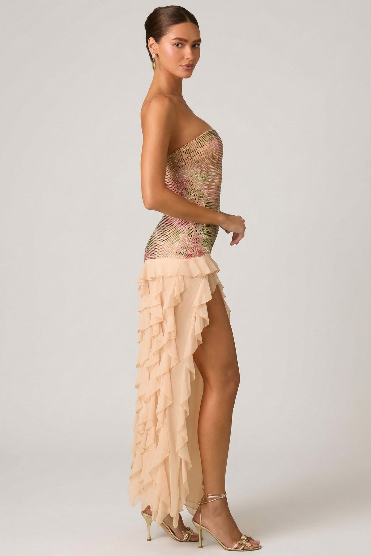 Chic Embellished Ruffle-Trim Strapless Gown in Rose Hotfix
