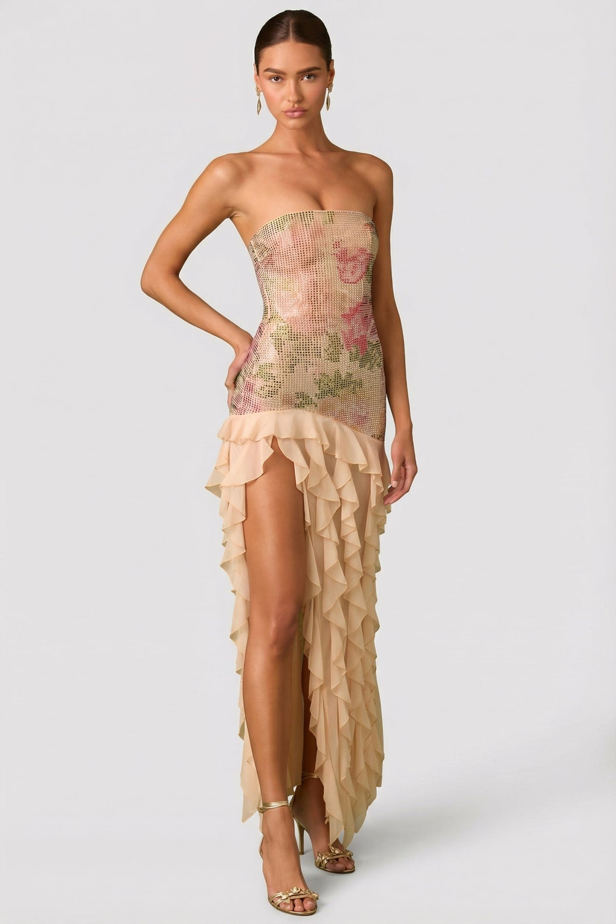 Chic Embellished Ruffle-Trim Strapless Gown in Rose Hotfix