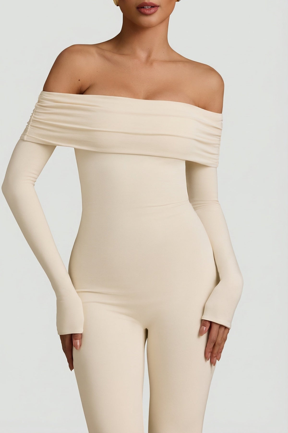Chic Modal Off-Shoulder Ruched Jumpsuit in Ivory