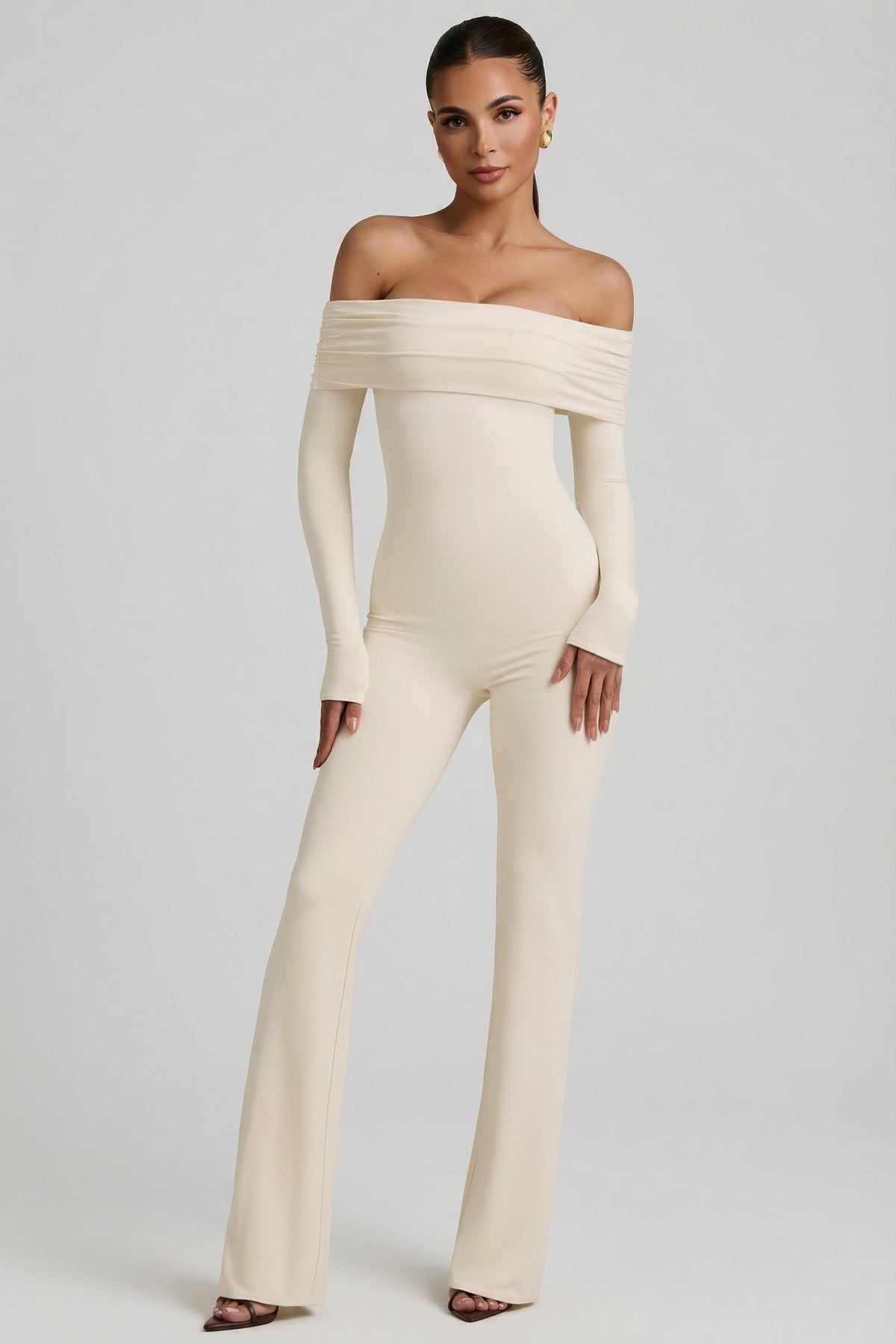 Chic Modal Off-Shoulder Ruched Jumpsuit in Ivory
