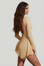 Chic Embellished Long Sleeve Backless Mini Dress in Gold