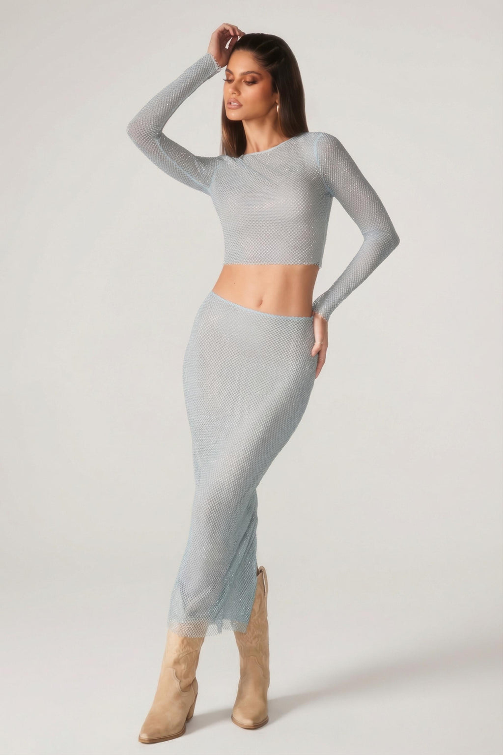 Chic Embellished Long Sleeve Top in Aqua