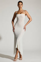 Chic Embellished Handkerchief Hem Maxi Dress in White