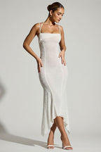 Chic Embellished Handkerchief Hem Maxi Dress in White
