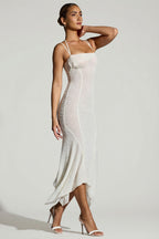Chic Embellished Handkerchief Hem Maxi Dress in White
