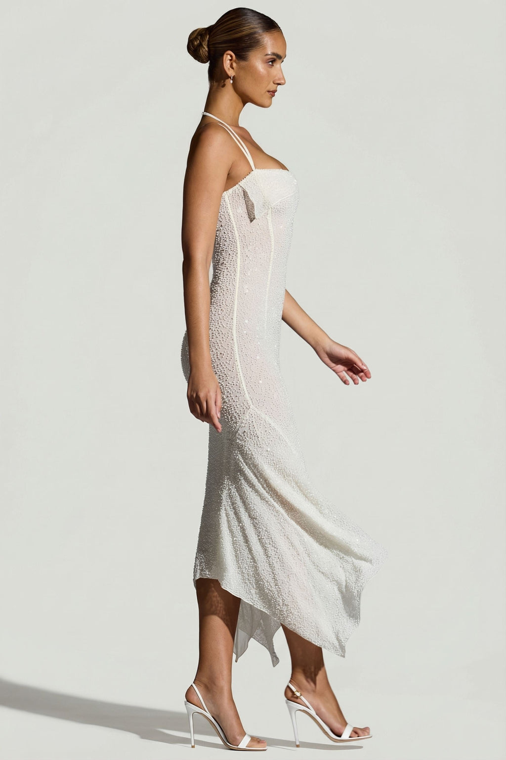 Chic Embellished Handkerchief Hem Maxi Dress in White