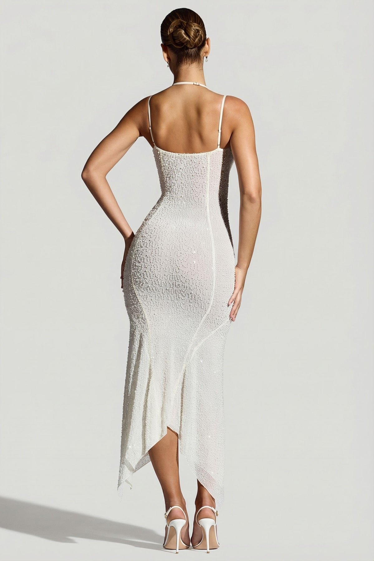 Chic Embellished Handkerchief Hem Maxi Dress in White