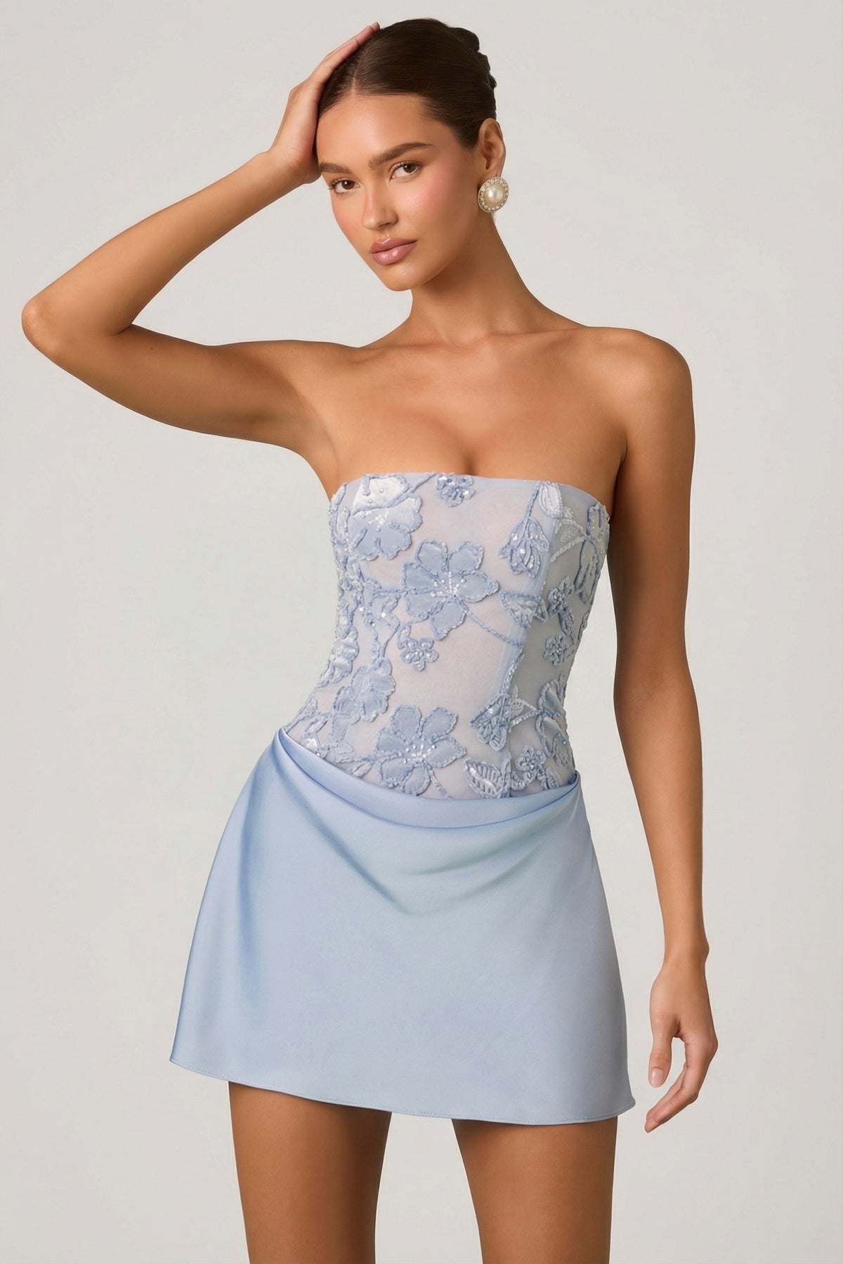 Chic Embellished Draped Strapless A-Line Mini Dress in Sky Blue