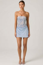 Chic Embellished Draped Strapless A-Line Mini Dress in Sky Blue