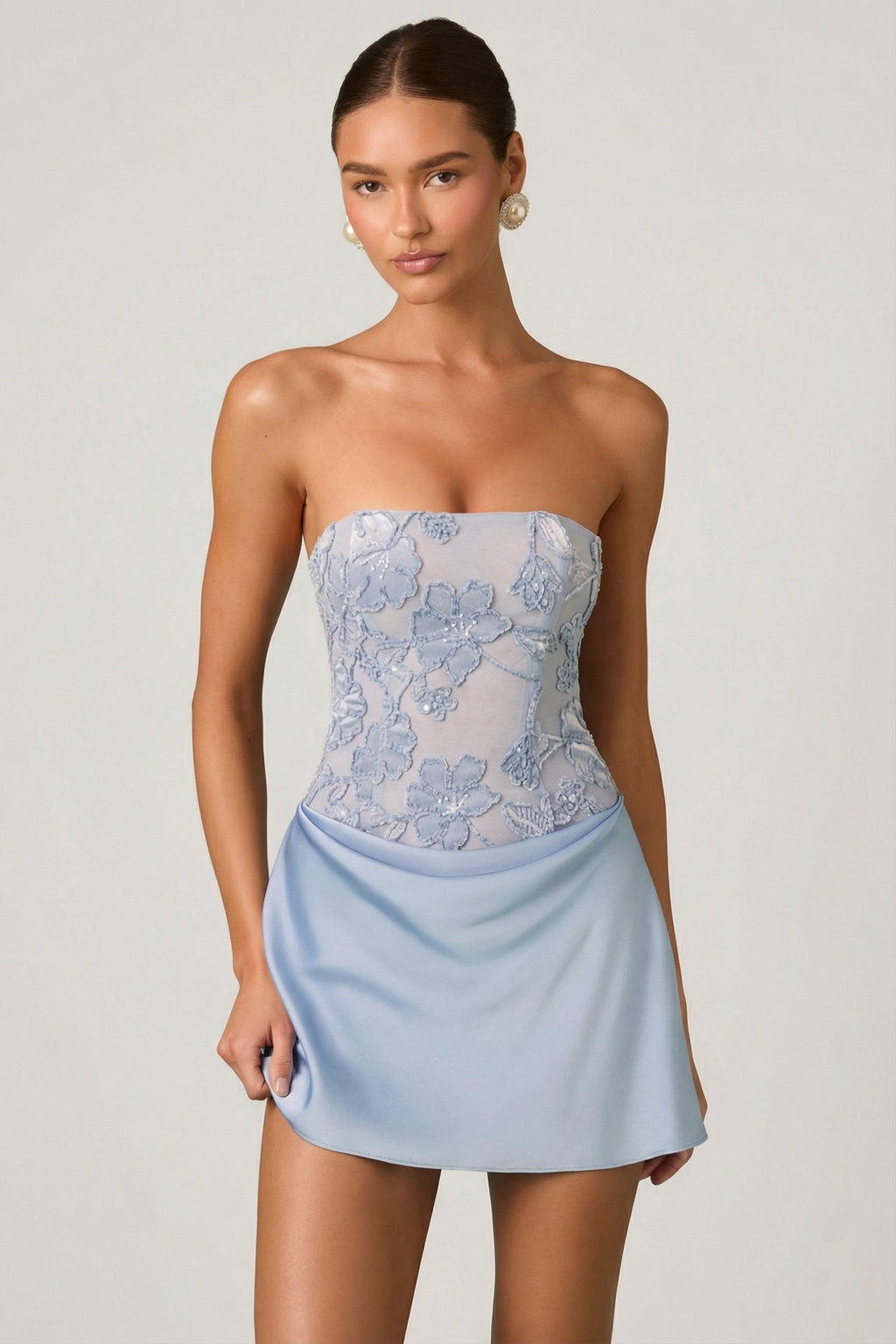 Chic Embellished Draped Strapless A-Line Mini Dress in Sky Blue