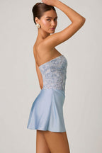 Chic Embellished Draped Strapless A-Line Mini Dress in Sky Blue