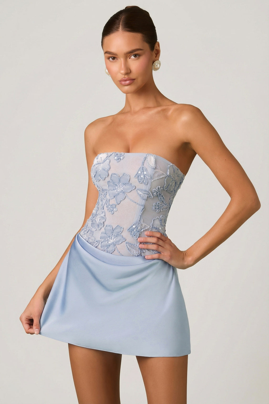 Chic Embellished Draped Strapless A-Line Mini Dress in Sky Blue