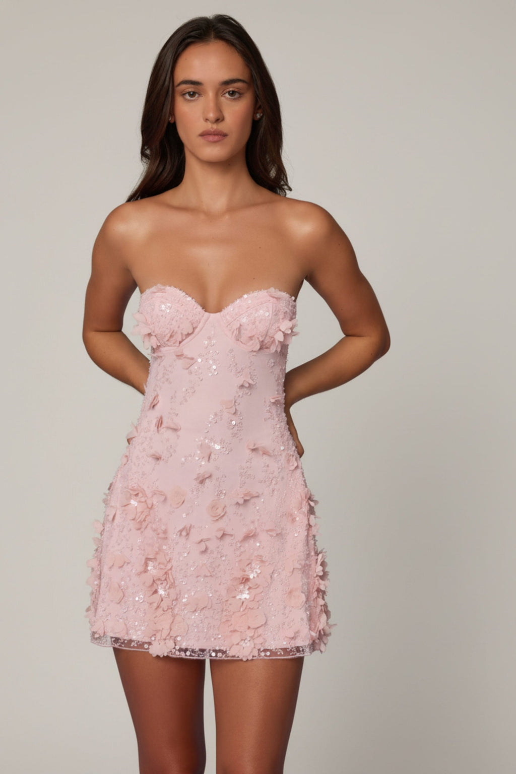 Chic Embellished Bandeau A-line Mini Dress in Ballet Pink
