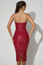 Chic Embellished Sweetheart-Neck Midi Dress in Red