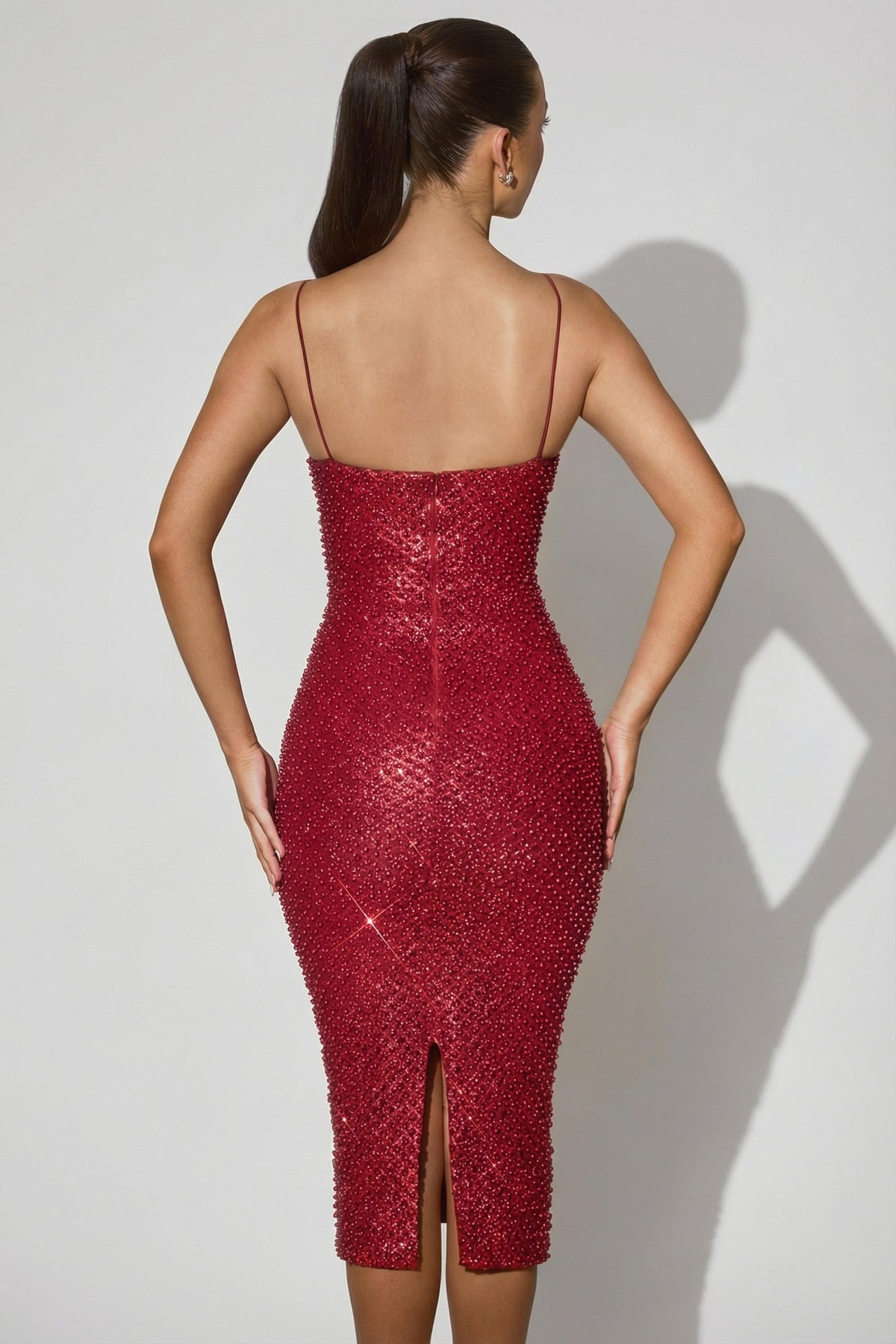 Chic Embellished Sweetheart-Neck Midi Dress in Red