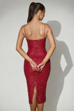 Chic Embellished Sweetheart-Neck Midi Dress in Red