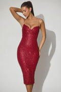 Chic Embellished Sweetheart-Neck Midi Dress in Red