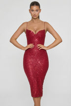Chic Embellished Sweetheart-Neck Midi Dress in Red