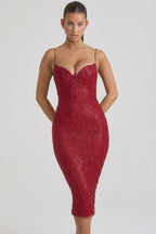 Chic Embellished Sweetheart-Neck Midi Dress in Red