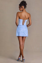 Chic Satin Embellished Skirt Mini Dress in Sky Blue