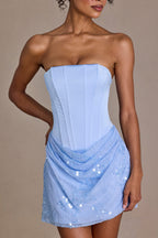 Chic Satin Embellished Skirt Mini Dress in Sky Blue