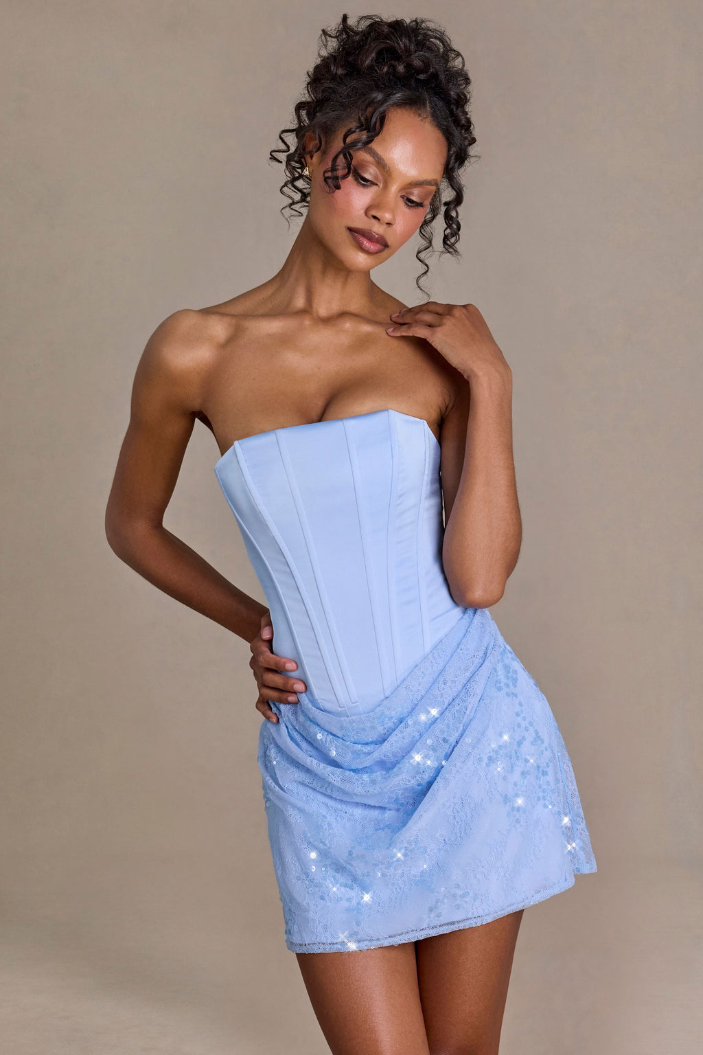 Chic Satin Embellished Skirt Mini Dress in Sky Blue