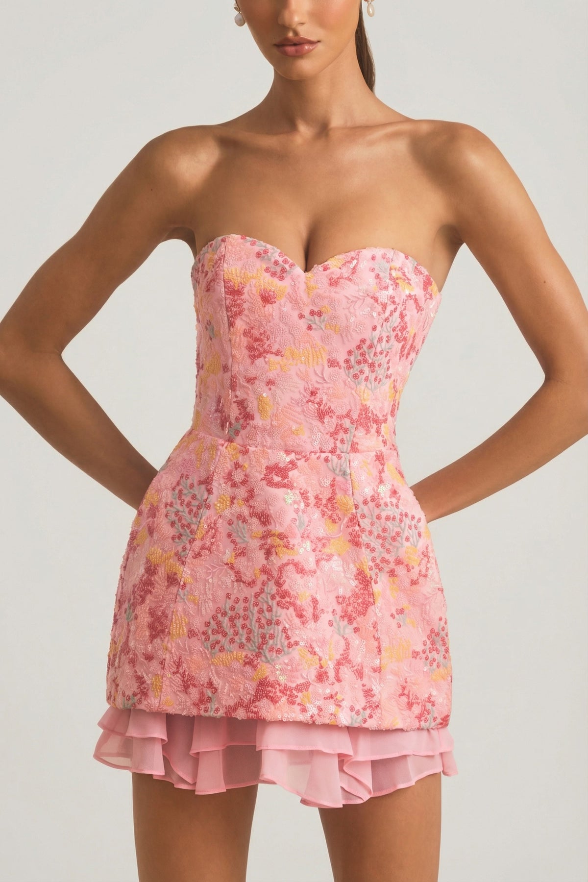 Chic Embellished Strapless Corset Mini Dress in Pink