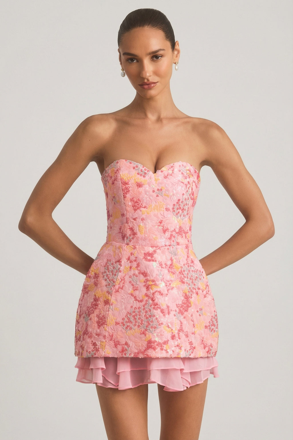 Chic Embellished Strapless Corset Mini Dress in Pink