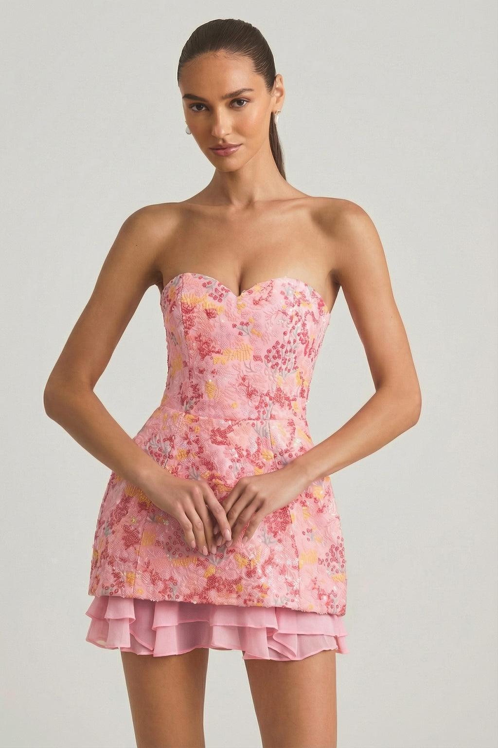 Chic Embellished Strapless Corset Mini Dress in Pink