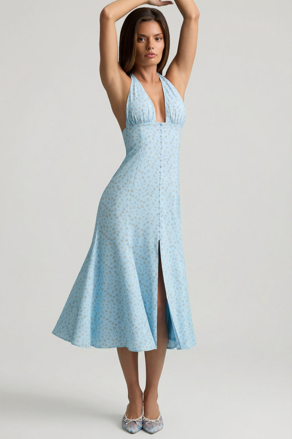 Chic Halterneck Midaxi Dress in Blue Flower Print