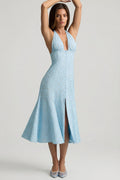 Chic Halterneck Midaxi Dress in Blue Flower Print
