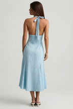 Chic Halterneck Midaxi Dress in Blue Flower Print